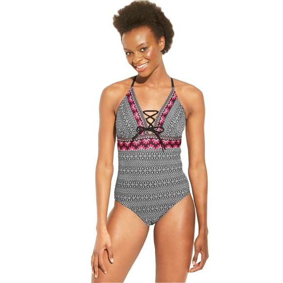 NWT Kona Sol Lace Up Geo Swimsuit Medium Black - Picture 1 of 3